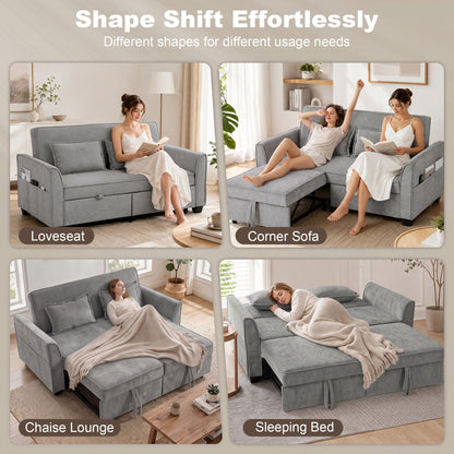 HOMCOM 2 Seater Sofa Bed, 4-in-1 L-Shaped Convertible Pull-Out Sleeper Sofa with Adjustable Backrest and Side Pockets, Grey