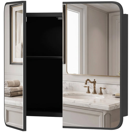 HOMCOM Bathroom Medicine Mirror Cabinet, Bathroom Wall Cabinet with Storage, Magnetic Doors and Adjustable Shelf, Black