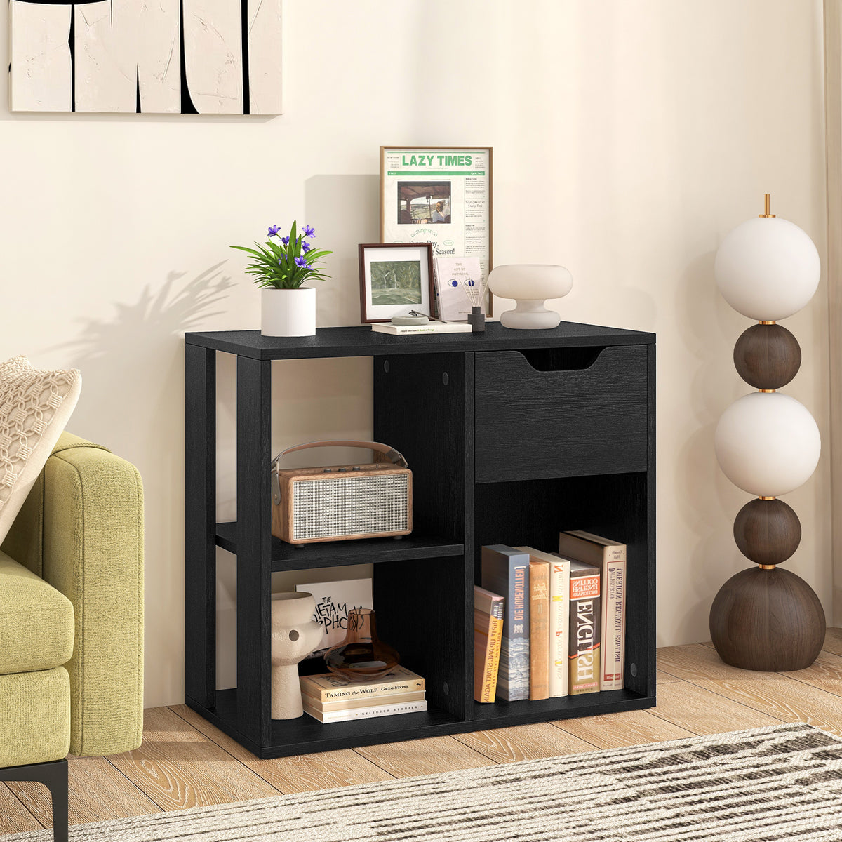 3-Cube Wooden Storage Shelf with Drawer-Black