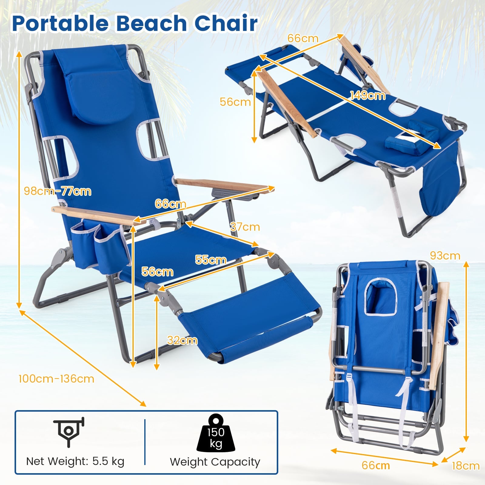 3-IN-1 Foldable Beach Chair Lay-Flat Tanning Chair with Face Hole-Navy