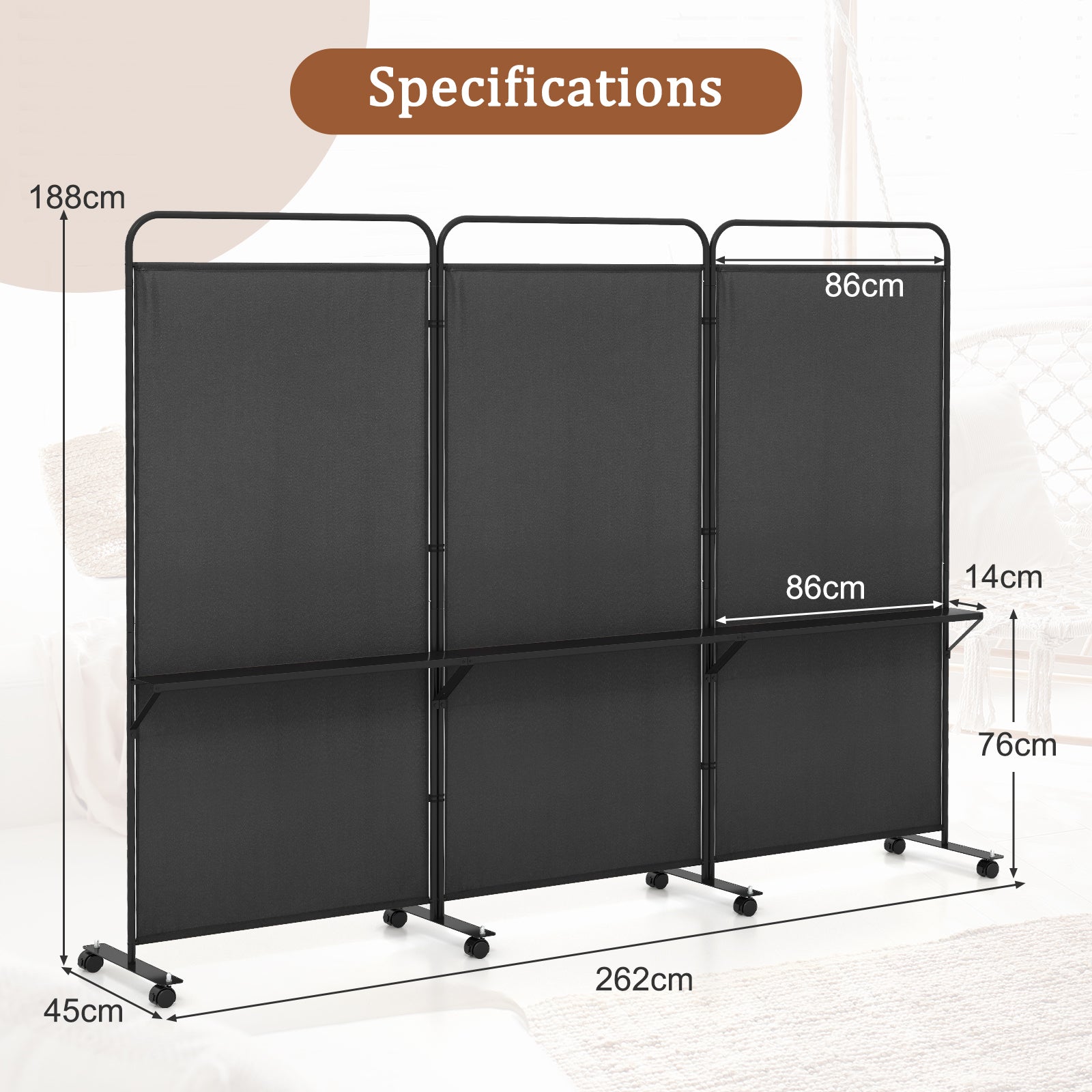 3-Panel Folding Room Divider Rolling Privacy Screen with 3 Metal Shelves-Black
