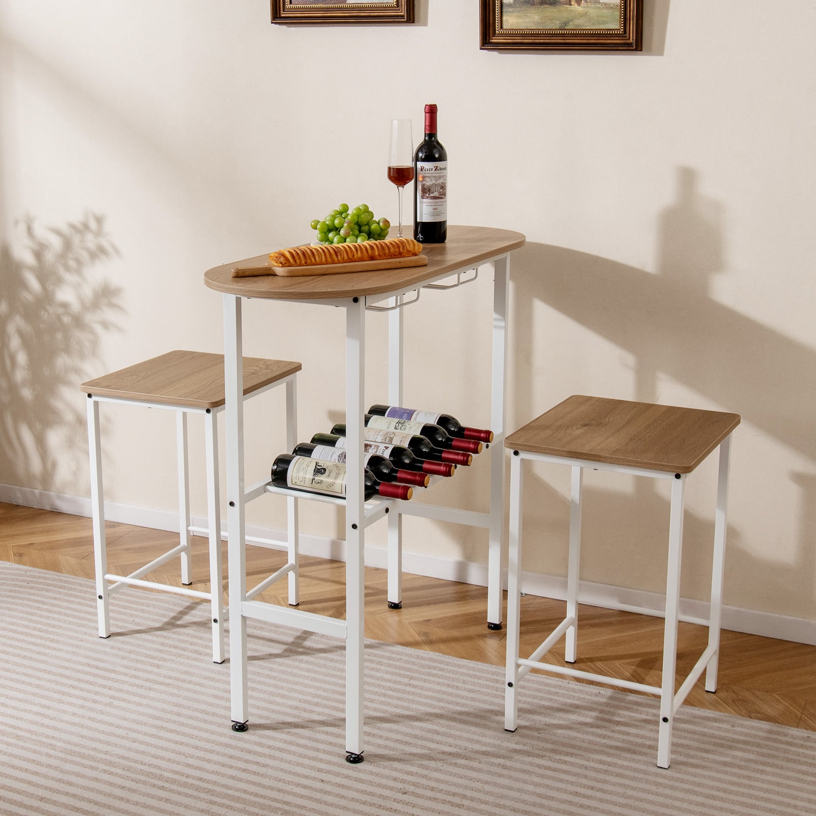 3 Piece Counter Height Table Set Oval Dining Table and 2 Stools-Natural