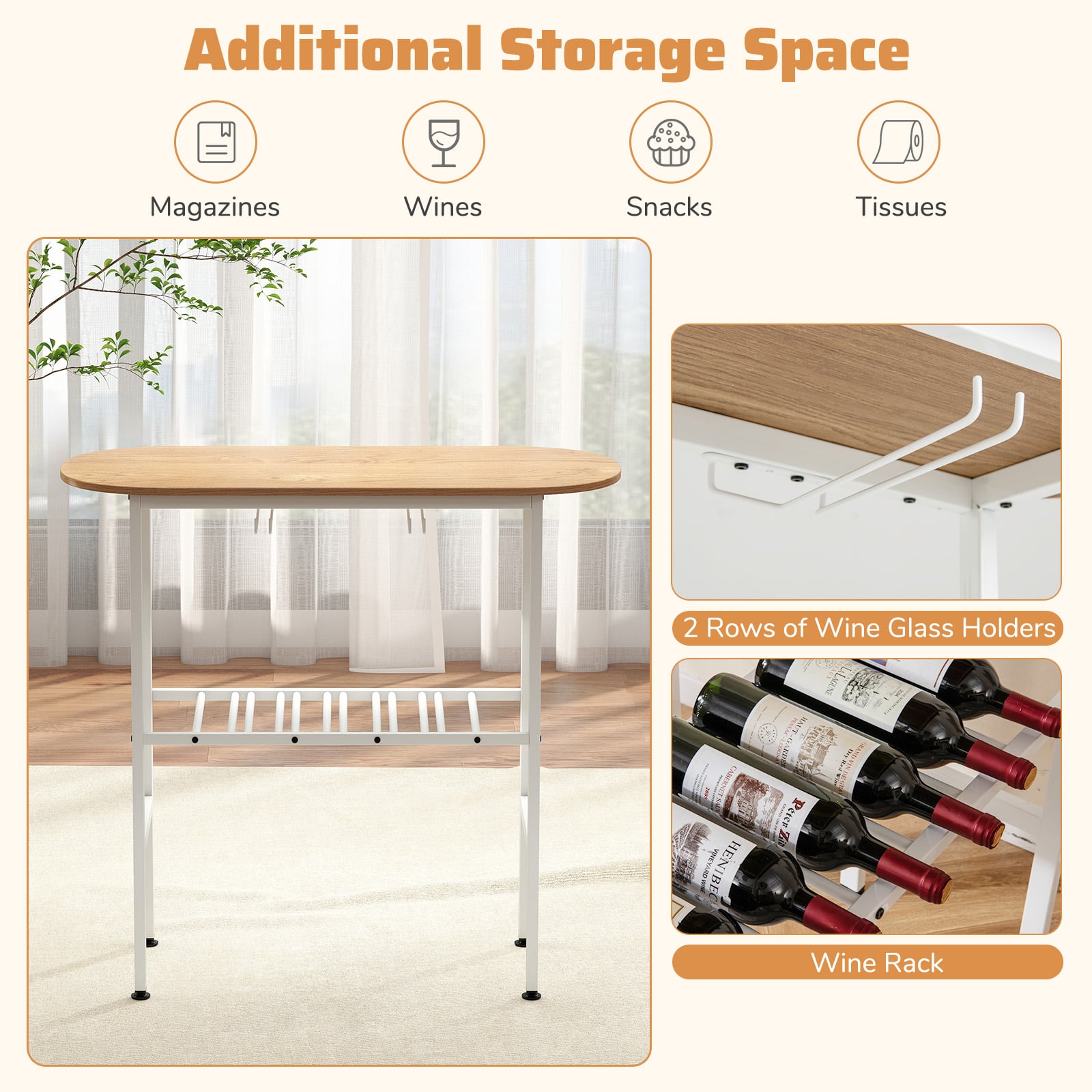 3 Piece Counter Height Table Set Oval Dining Table and 2 Stools-Natural