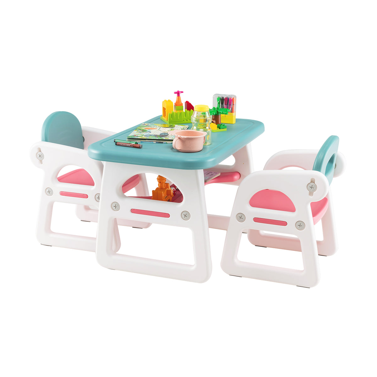 3-Piece Kids Table and Chairs Set with Storage Rack-Blue
