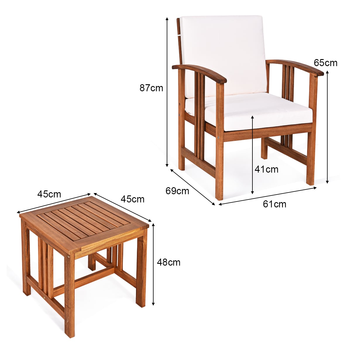 3-Piece Outdoor Acacia Wood Sofa Set with Cushions-White