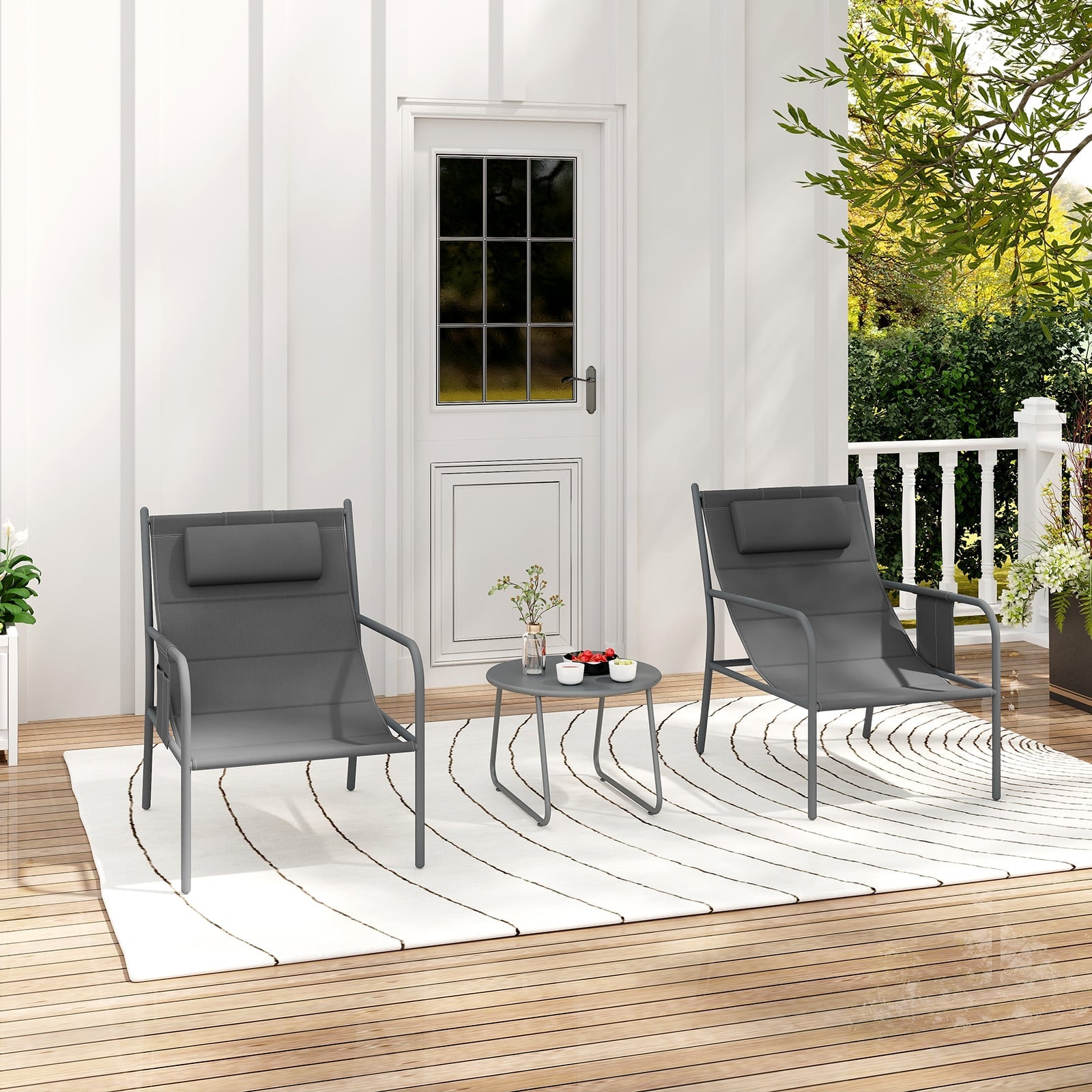 3 Piece Outdoor Bistro Set with Chair and Coffee Table Set-Grey