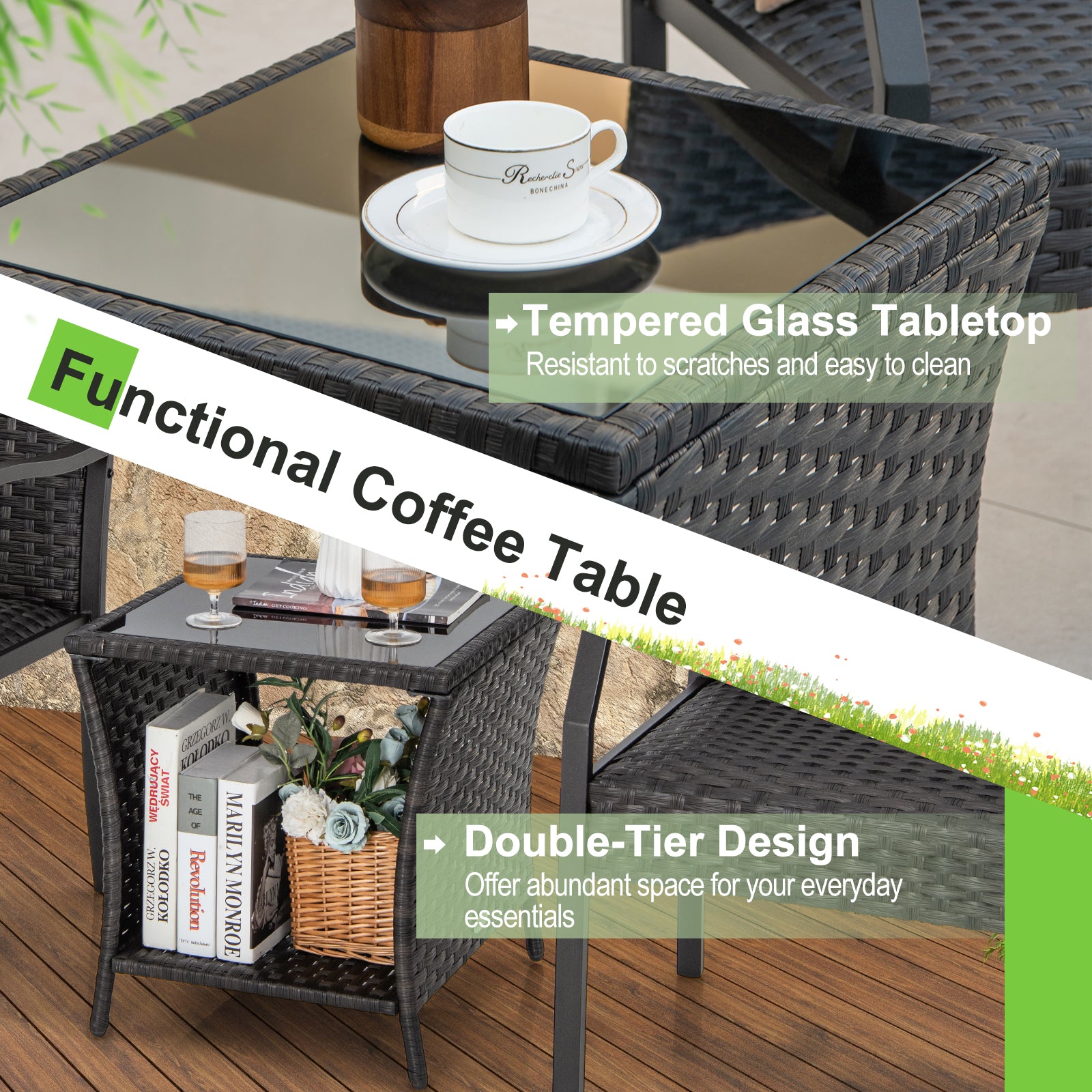 3 Piece Patio Wicker Chair Set with Cushioned Seat