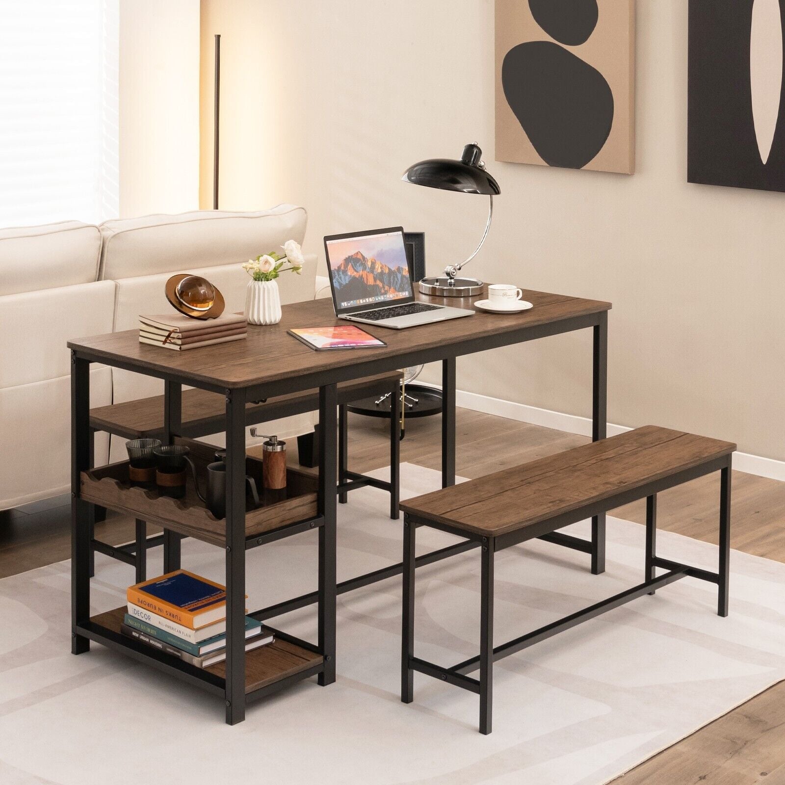 3 Pieces Kitchen Dining Set with Storage Rack-Brown