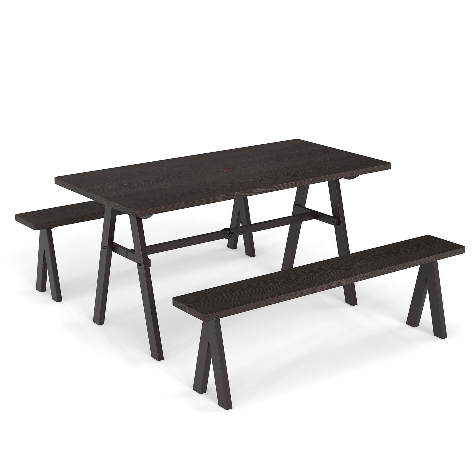 3 Pieces Outdoor Picnic Table and Benches Set for 6 People with 49MM Umbrella Hole-Dark Brown