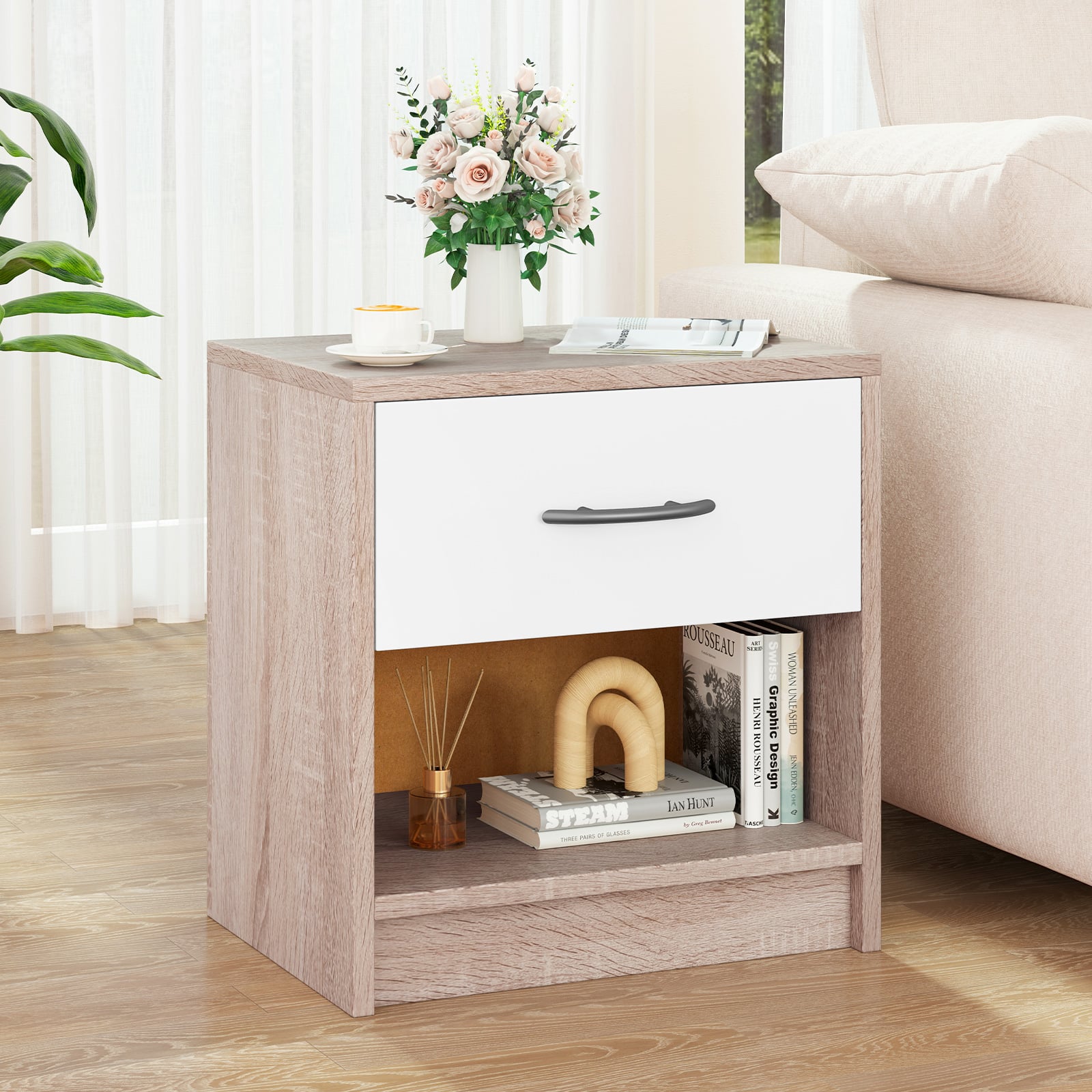 3-Tier Nightstand with Drawer and Open Storage Shelf for Small Spaces-Natural & White