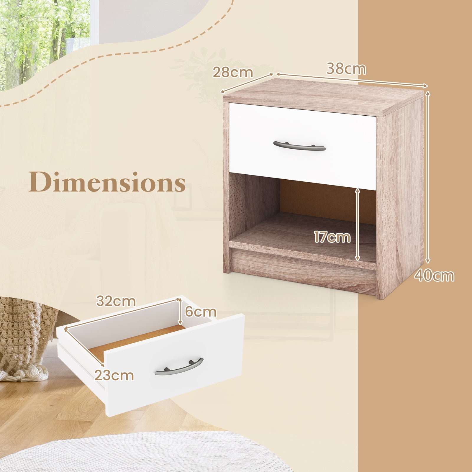 3-Tier Nightstand with Drawer and Open Storage Shelf for Small Spaces-Natural & White