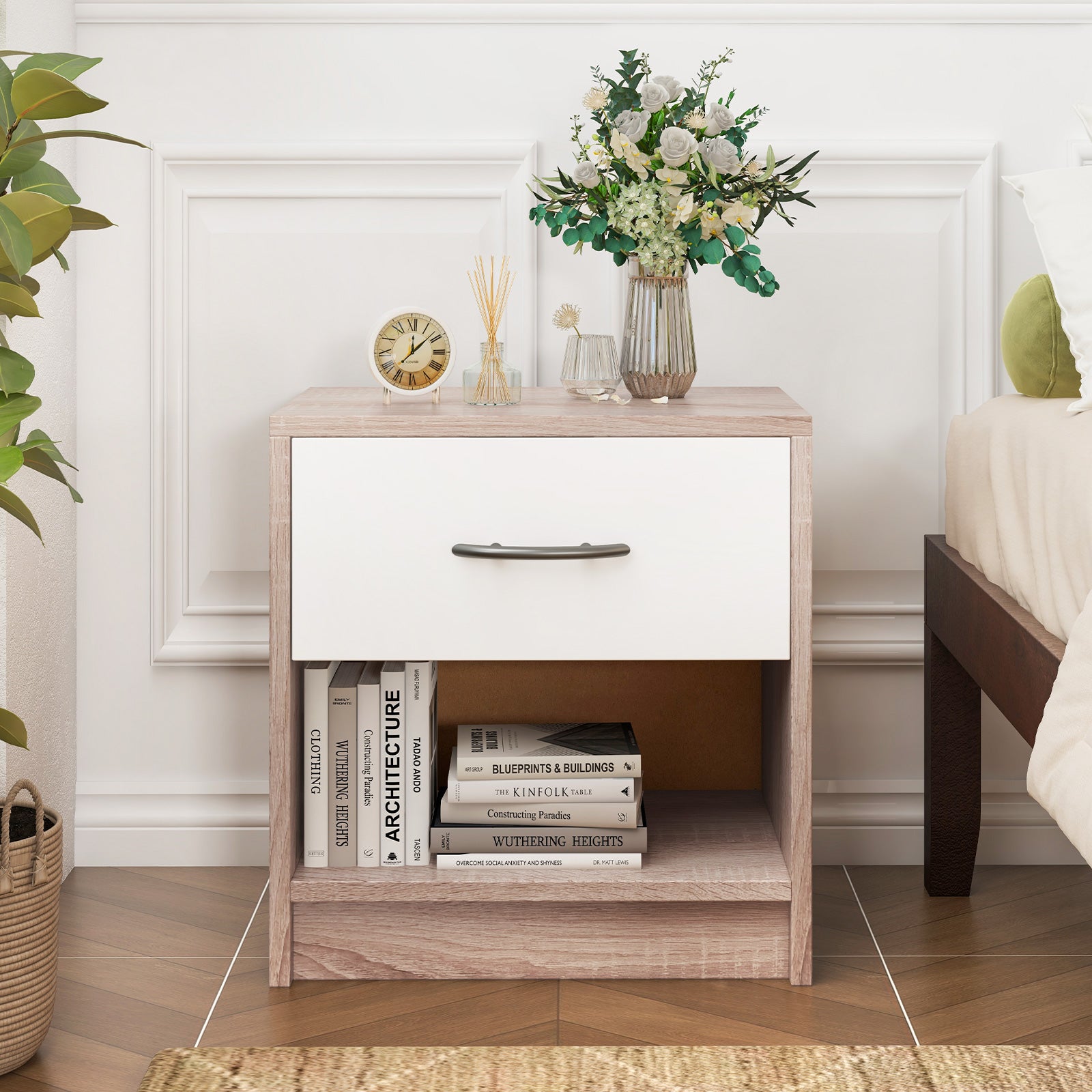 3-Tier Nightstand with Drawer and Open Storage Shelf for Small Spaces-Natural & White
