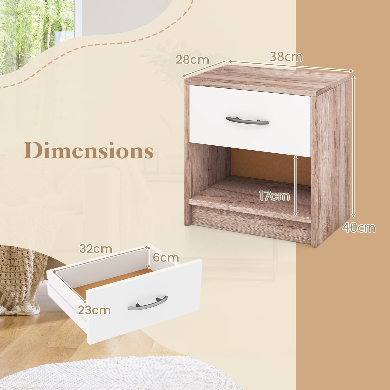 3-Tier Nightstand with Drawer and Open Storage Shelf for Small Spaces-Oak