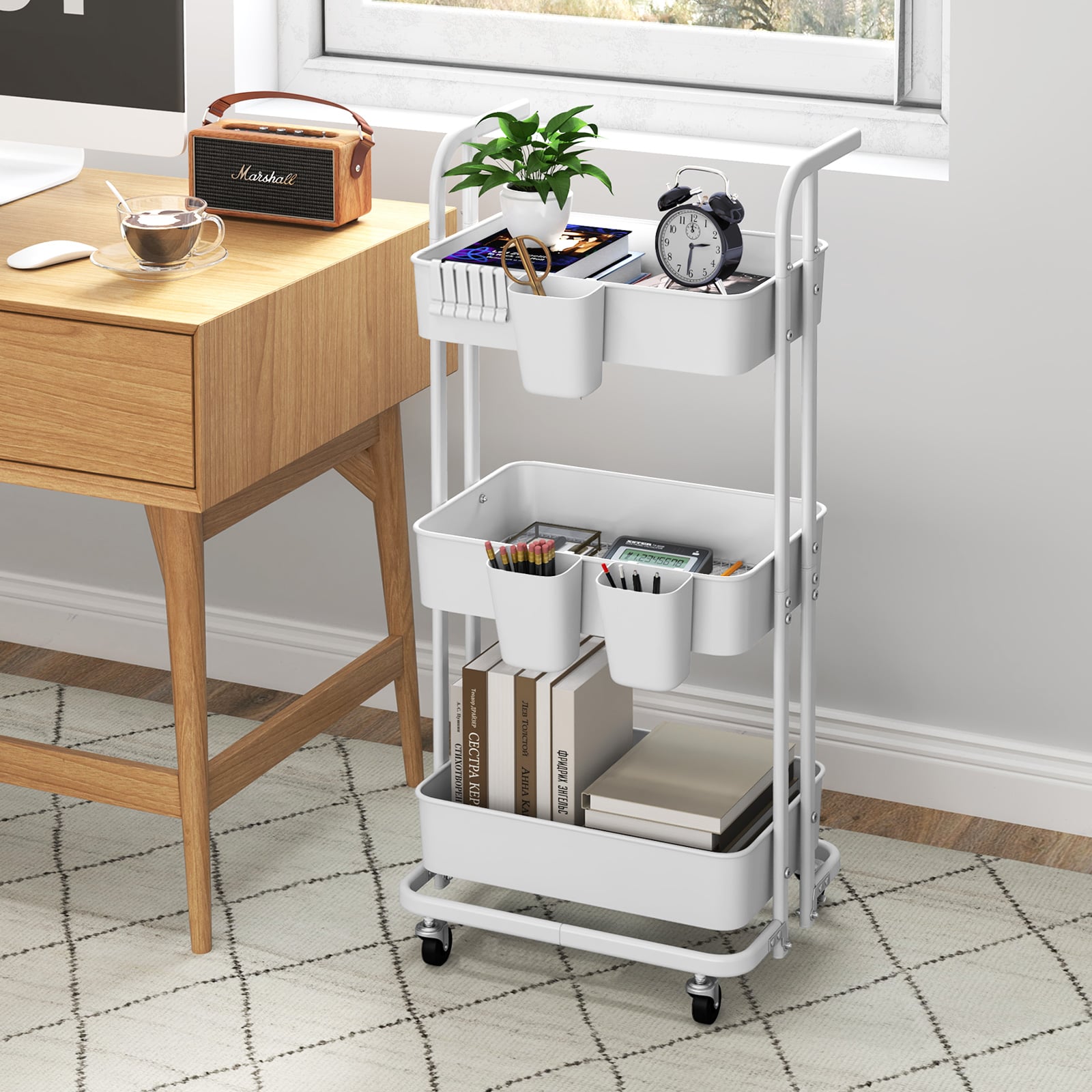 3-Tier Rolling Cart with 3 Hanging Cups and 6 Hooks-White