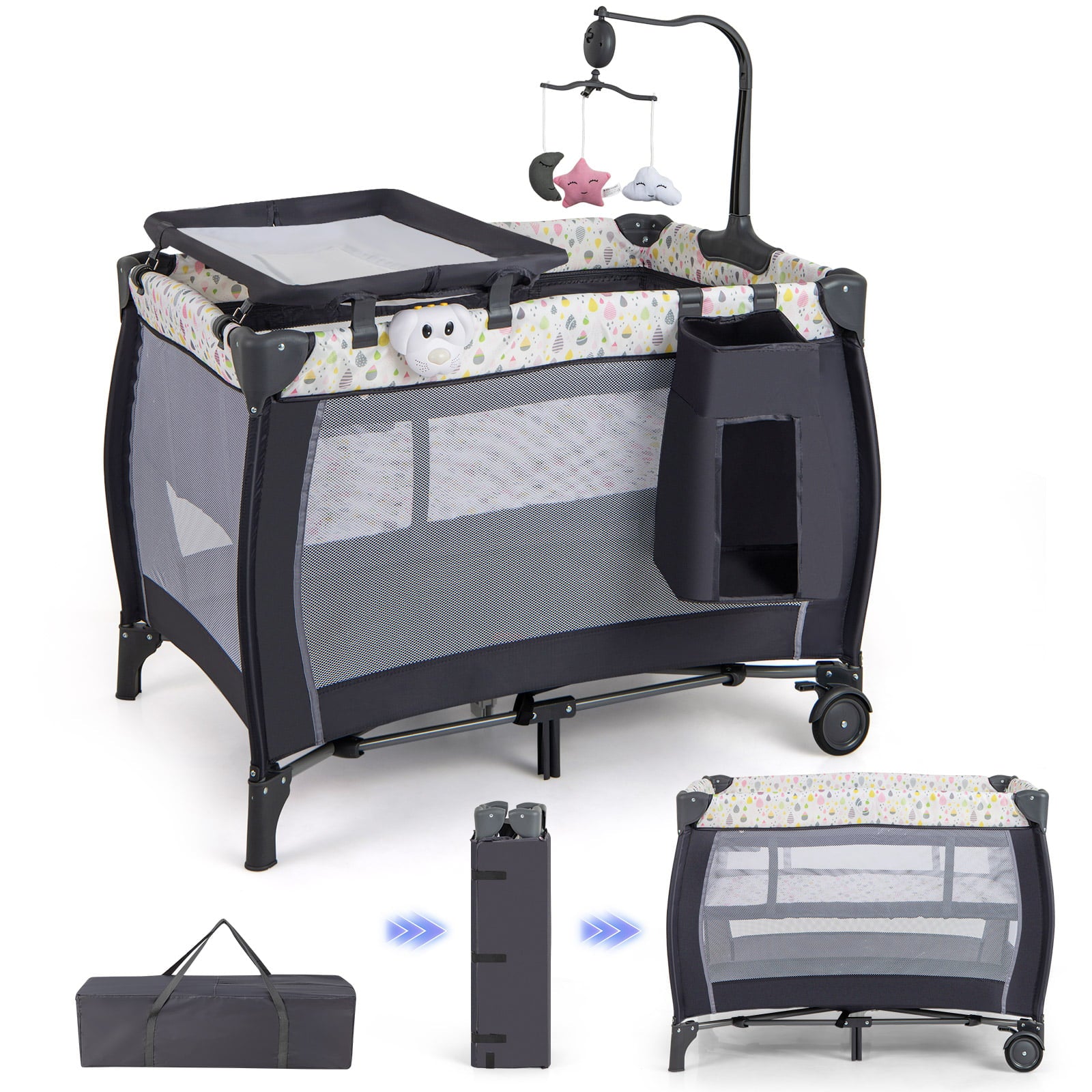 3 in 1 Baby Activity Center Foldable Pack and Play with Diaper Changing Table-Black