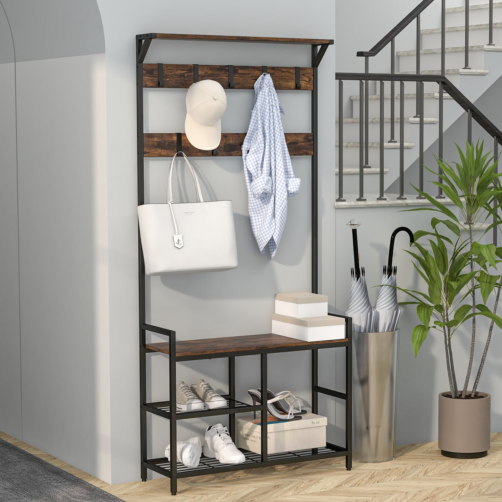 3-in-1 Coat Rack Freestanding Industrial Entryway Storage Shelf-Rustic Brown