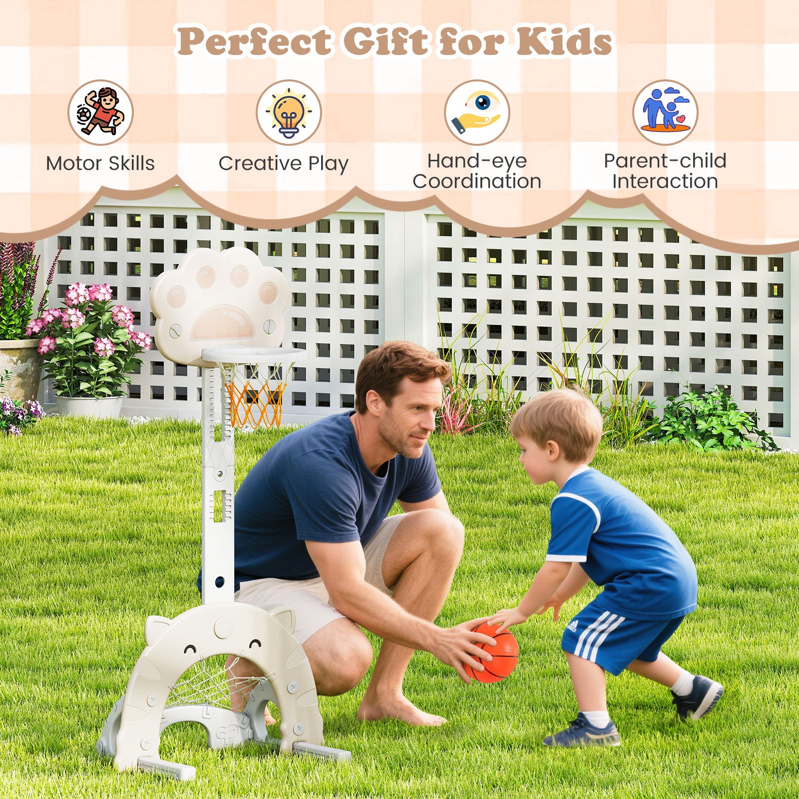 3-in-1 Kids Sports Center Adjustable Basketball Hoop with Soccer Game-White
