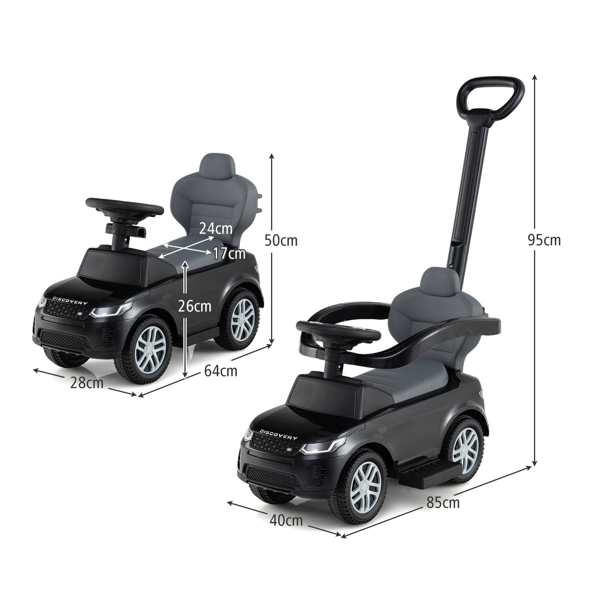 Dimensions shown for the black push and pedal ride on toy