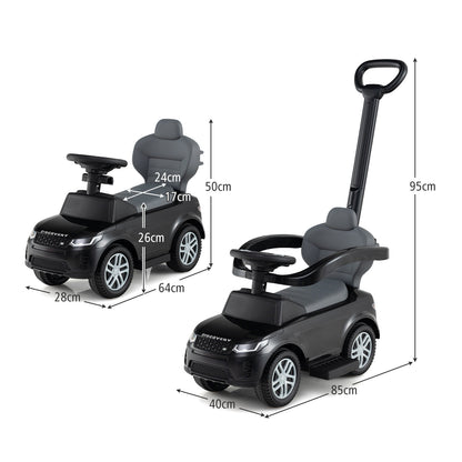 Dimensions shown for the black push and pedal ride on toy