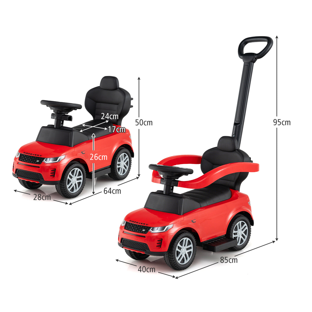 Dimensions of the red ride on toy car shown with measurements