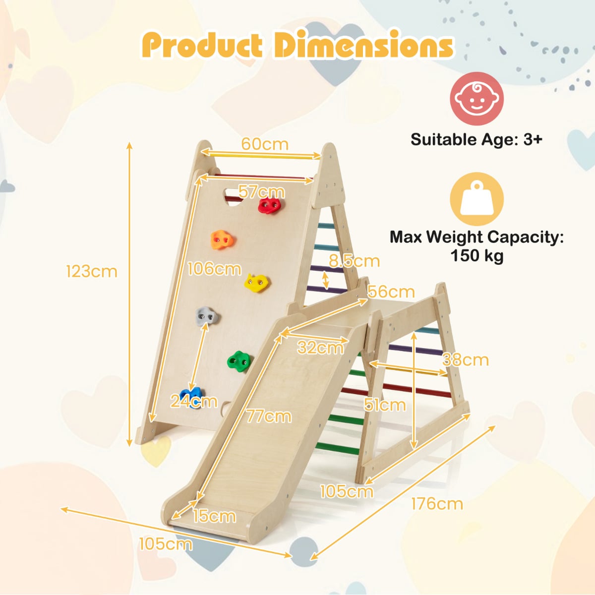 3-In-1 Jungle Gym with Extended Slide and Rock Climbing-Colourful