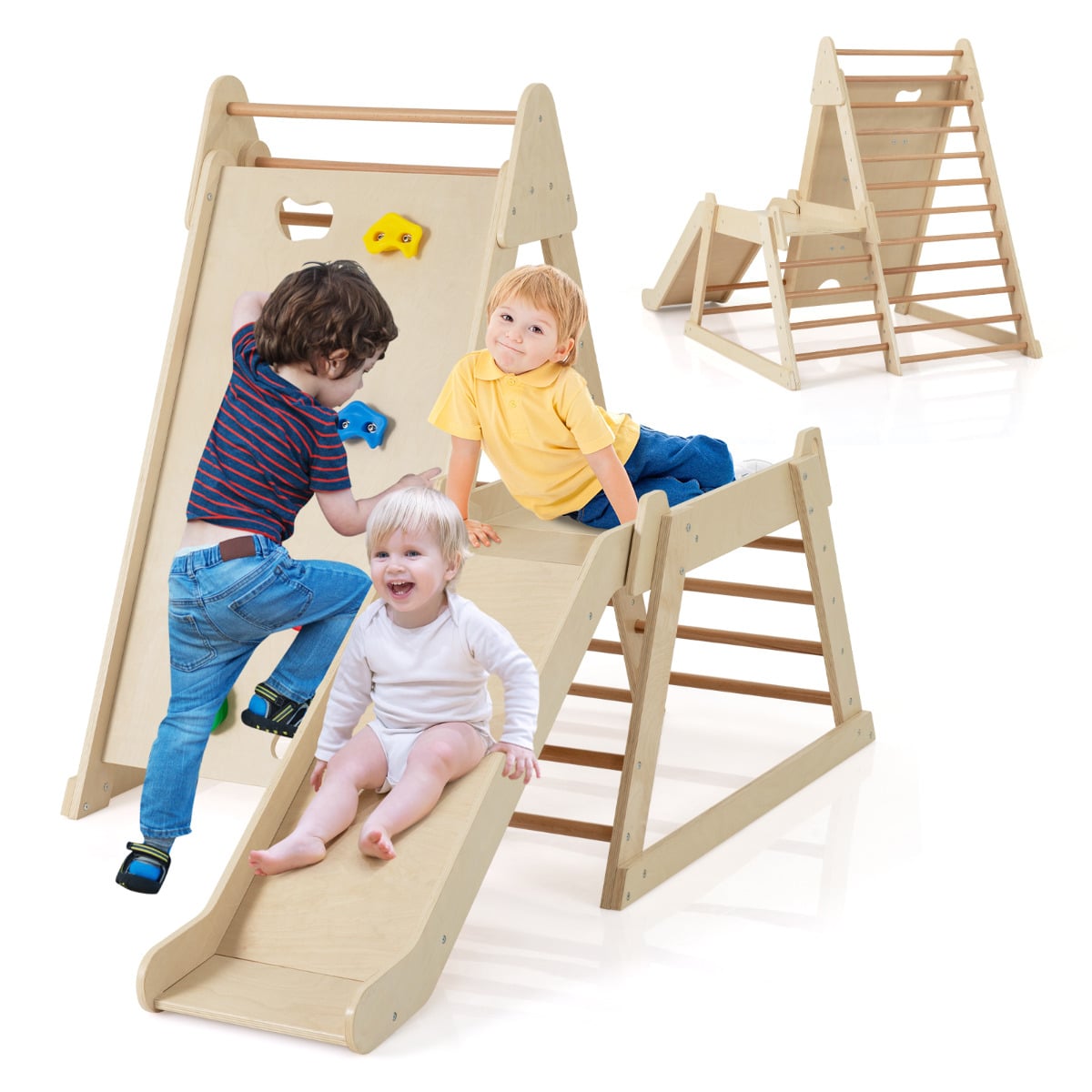 3-In-1 Jungle Gym with Extended Slide and Rock Climbing-Natural