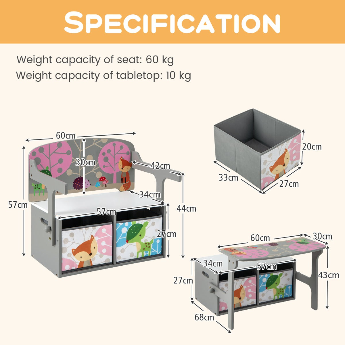Diagram showing the dimensions of the kids activity bench in both bench and table configurations