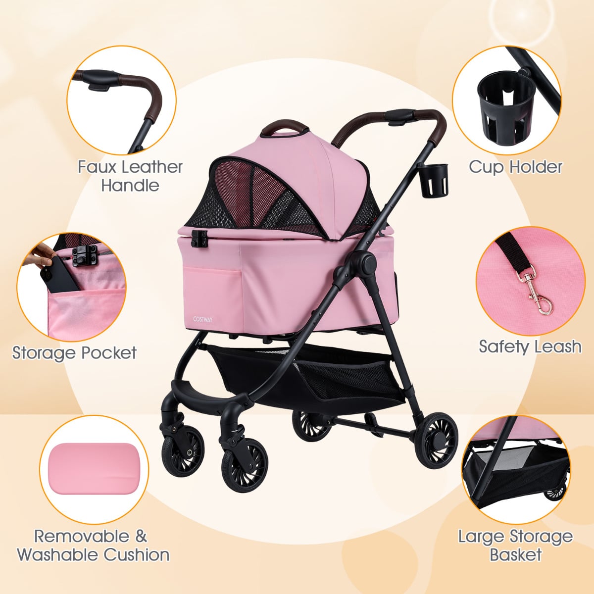3-in-1 Pet Stroller One-hand Folding  Dog Stroller Car Seat-Pink
