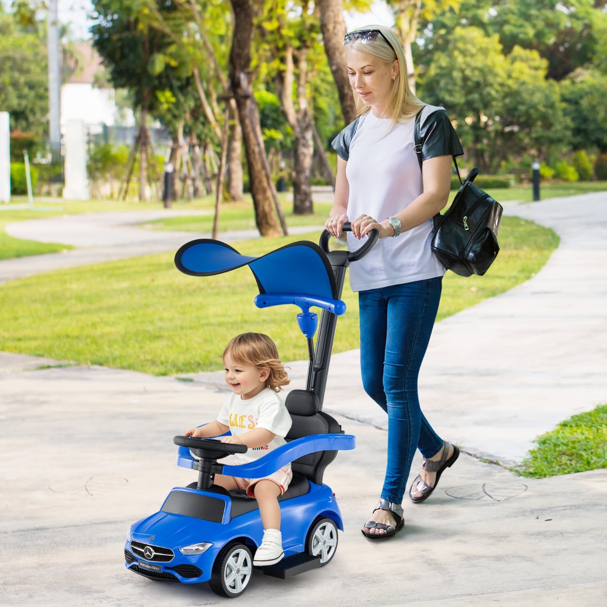 3-in-1 Ride on Push Car with Adjustable Canopy and Steering Push Bar-Navy