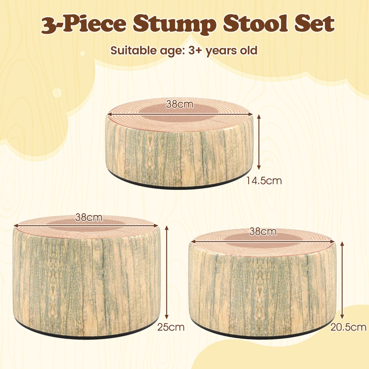 3 PCS Tree Stump Stool Set Round Flexible Seatings-Natural
