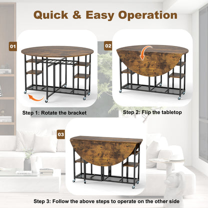3-Piece Folding Dining Table Set with Large Tabletop and Storage Racks-Rustic Brown