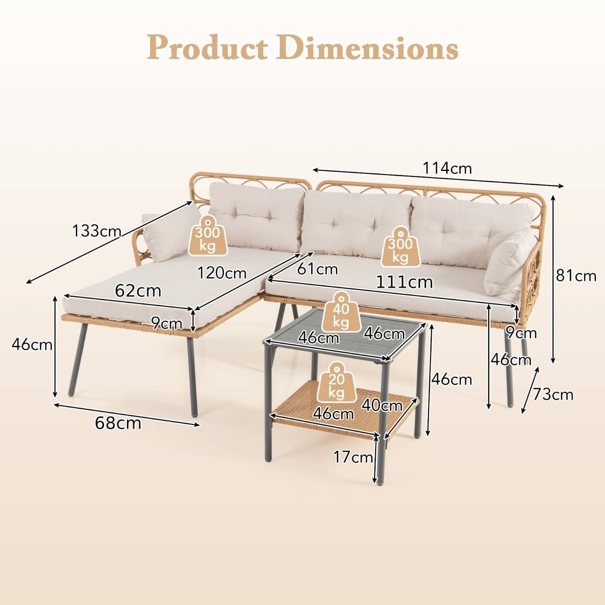 3 Pieces PE Rattan L-Shaped Corner Patio Furniture Sofa Set with Coffee Table-Beige