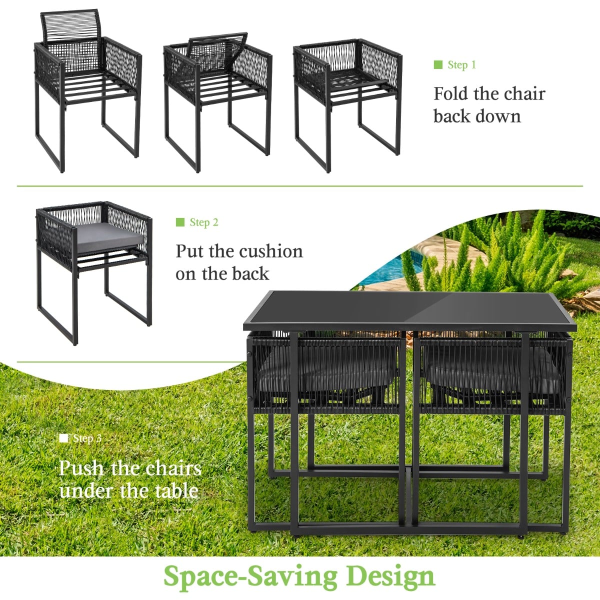 3 Pieces Space-Saving Patio Rattan Outdoor Dining Set-Black