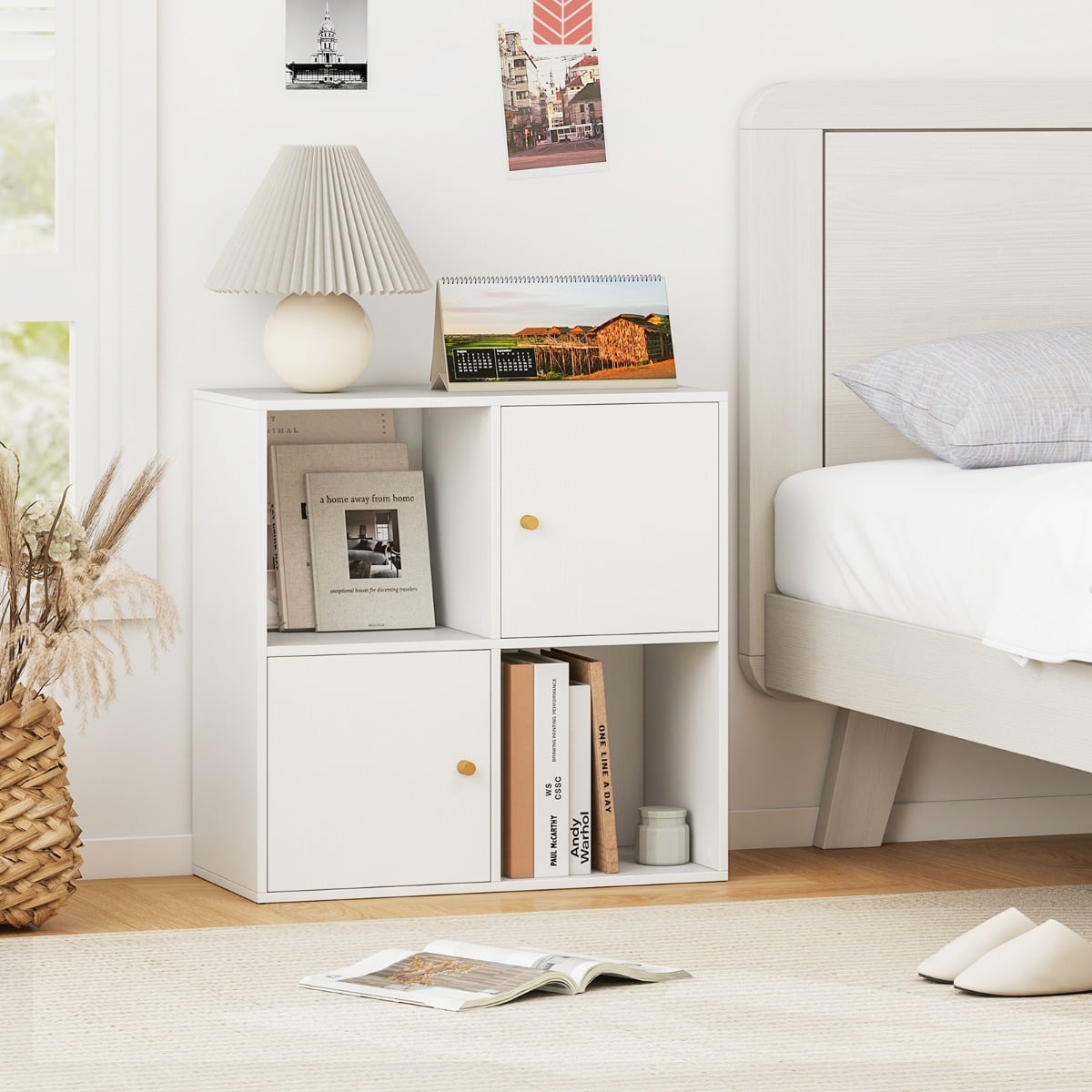 3-Tier Bookshelf with Dual Anti-Tipping Kits and 2 Cabinets-White
