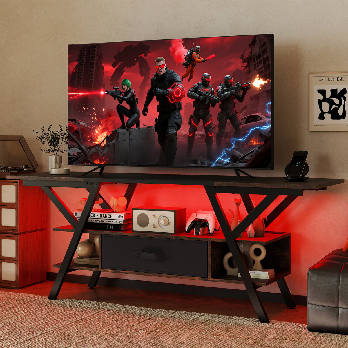 3-Tier Entertainment Center with LED Lights and Power Outlets-Rustic Brown