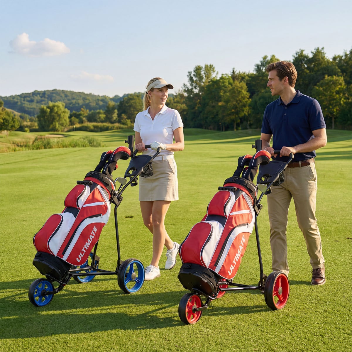 3 Wheel Folding Golf Push Cart with Adjustable Height Handle and Foot Brake-Blue