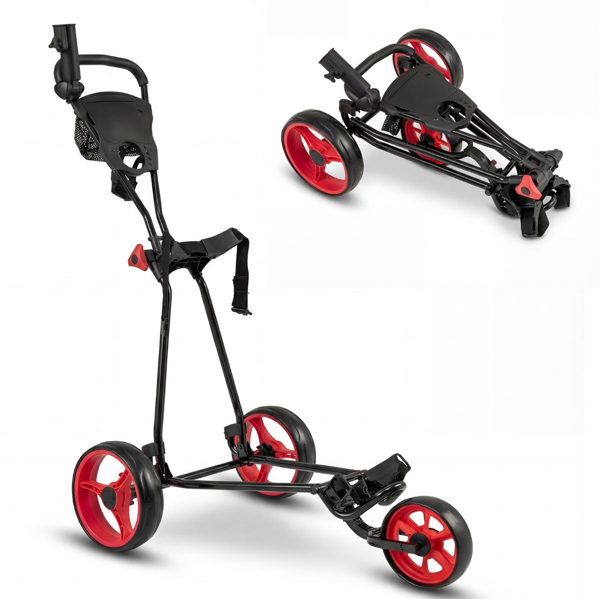 3 Wheel Folding Golf Push Cart with Adjustable Height Handle and Foot Brake-Red