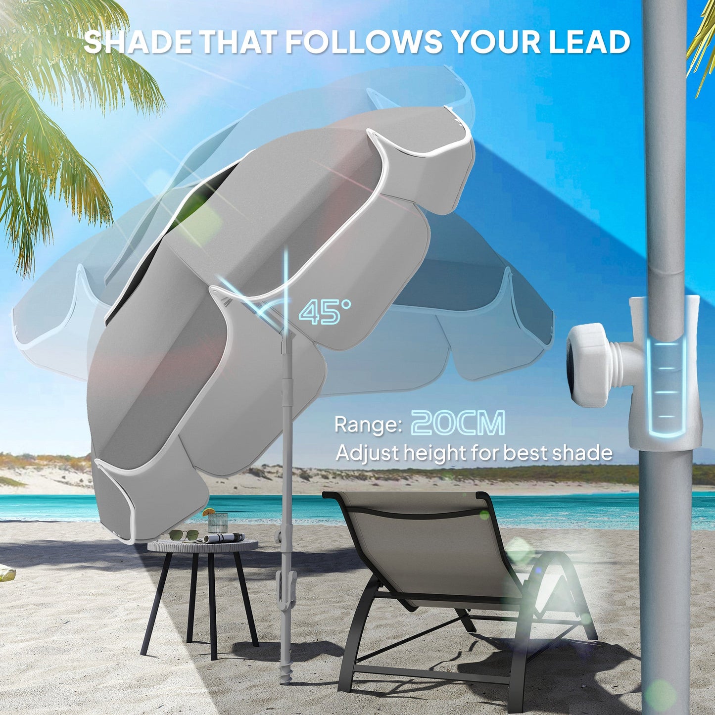 Outsunny Beach Umbrella Portable with Sand Anchor, Carry Bag, Adjustable Height & Tilt, UPF50+ UV Protection, Grey