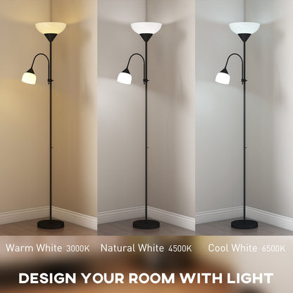 مصباح أرضي LED من HOMCOM لغرفة المعيشة، مصباح قائم طويل بطول 180 سم، مصباح إضاءة علوي للأم والطفل مع عنق مرن قابل للتعديل، 3000K/4500K/6500K درجات حرارة الألوان، أسود