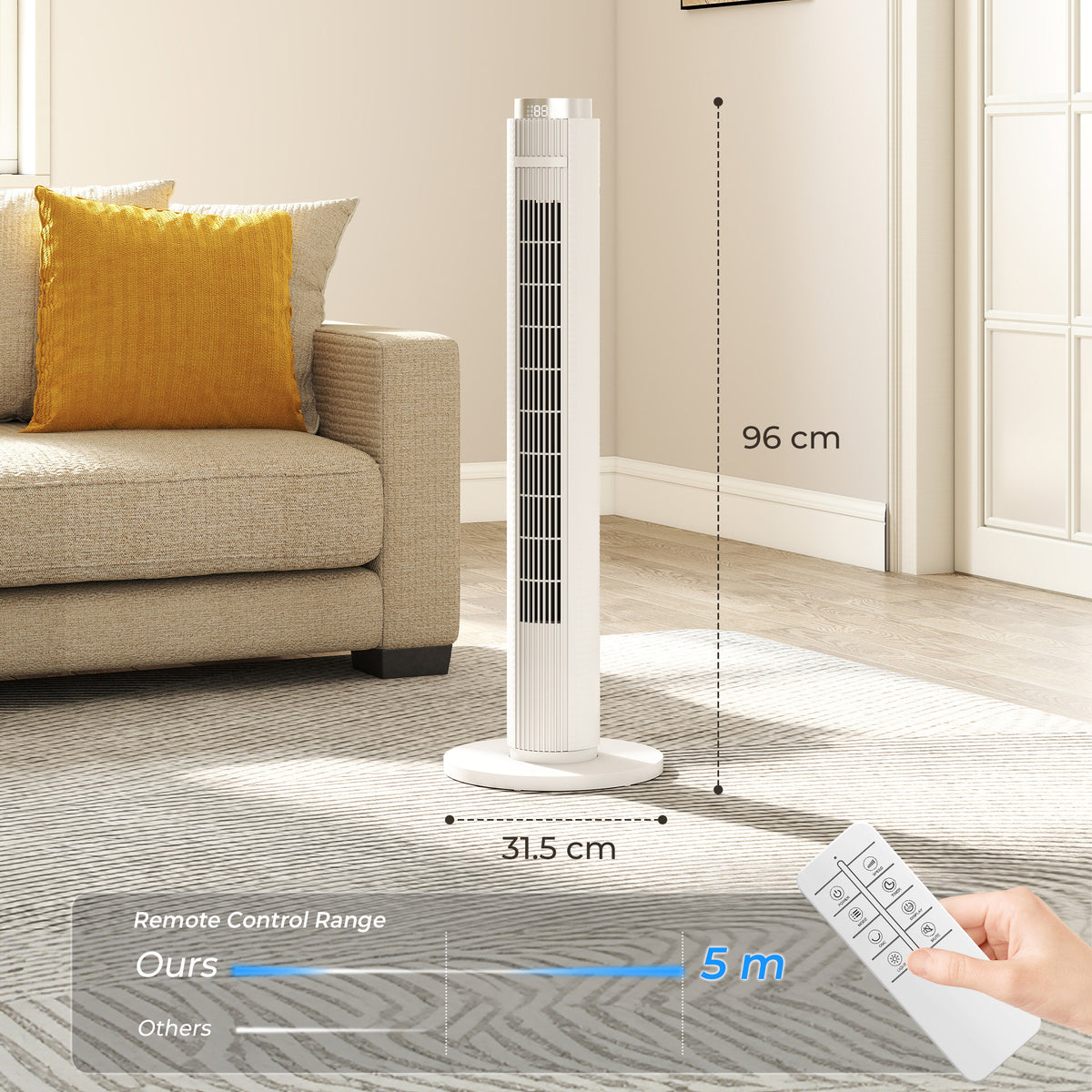 HOMCOM 96 cm Tower Fan with WiFi App Control in Light White