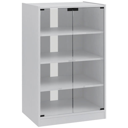 HOMCOM 4-Tier Hi-Fi Stand,  Record Player Stand with Adjustable Shelves and Push-to-Open Glass Doors, White Wood-Effect