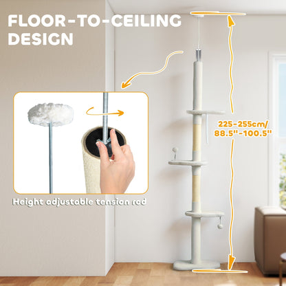 PawHut 225-255 cm Adjustable Cat Climbing Tower with Sisal Scratching Posts, 2 Hanging Play Balls and Anti-Tip Strap, Beige