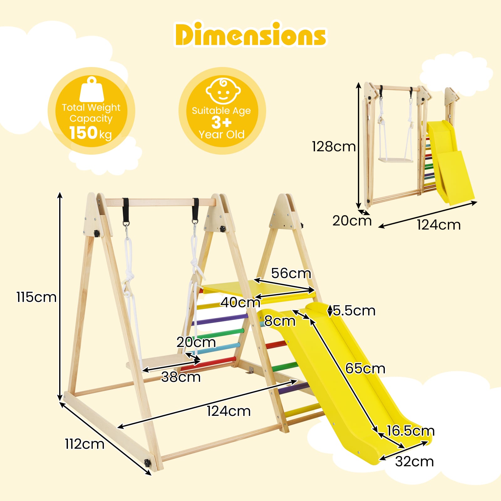 3-in-1 Foldable Indoor Jungle Gym Wooden Climbing Toys with Swing-Multicolor