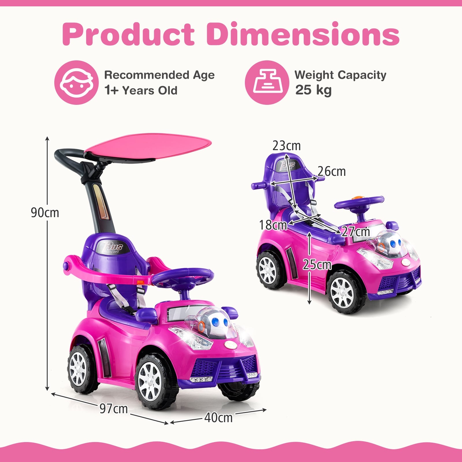 3-in-1 Push Car for Toddler Sliding Car with Seat Belt and Canopy-Pink
