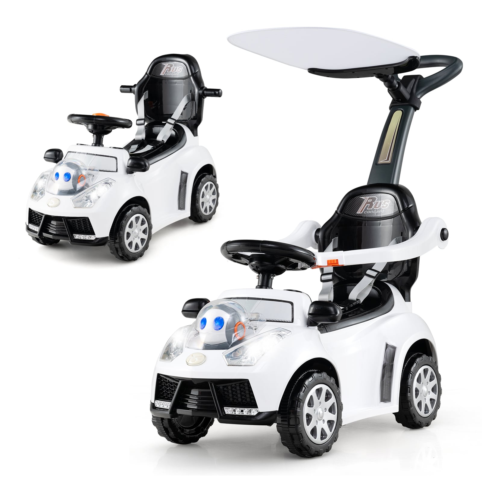 3-in-1 Push Car for Toddler Sliding Car with Seat Belt and Canopy-White
