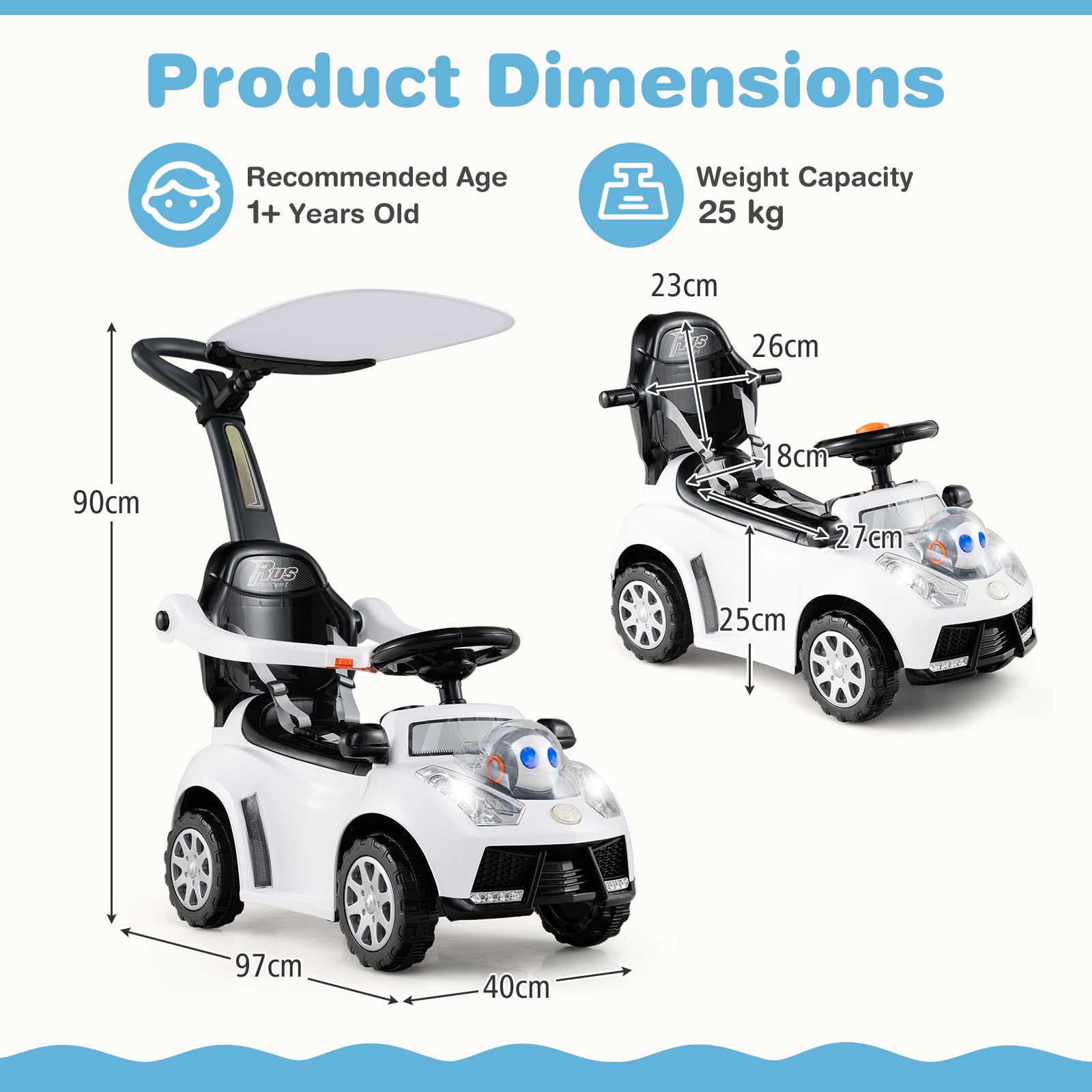 3-in-1 Push Car for Toddler Sliding Car with Seat Belt and Canopy-White
