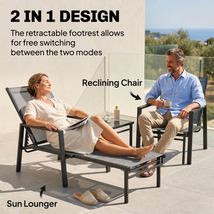 أوتساني كرسي استرخاء شمسي (مجموعة من قطعتين) مع مسند قدم قابل للسحب و 5 أوضاع قابلة للتعديل، إطار فولاذي للشاطئ، الشرفة، الفناء، التخييم، رمادي داكن