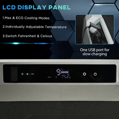 ثلاجة سيارة Outsunny سعة 40 لتر، صندوق مبرد محمول بضاغط، فريزر ثلاجة مع إضاءة LED داخلية، مقابض قابلة للطي، حاملات أكواب، 12/24 فولت تيار مستمر و110-240 فولت تيار متردد للمنزل المتنقل والقوارب والسفر، تبريد حتى -20 درجة مئوية