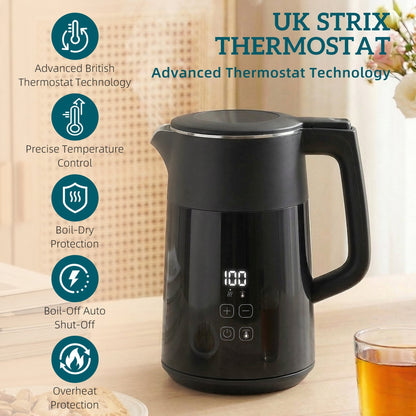 HOMCOM Electric Kettle, 1.7L Fast Boil 3kW Water Kettle with UK Strix Thermostat, LED Display, Keep Warm Function, Black