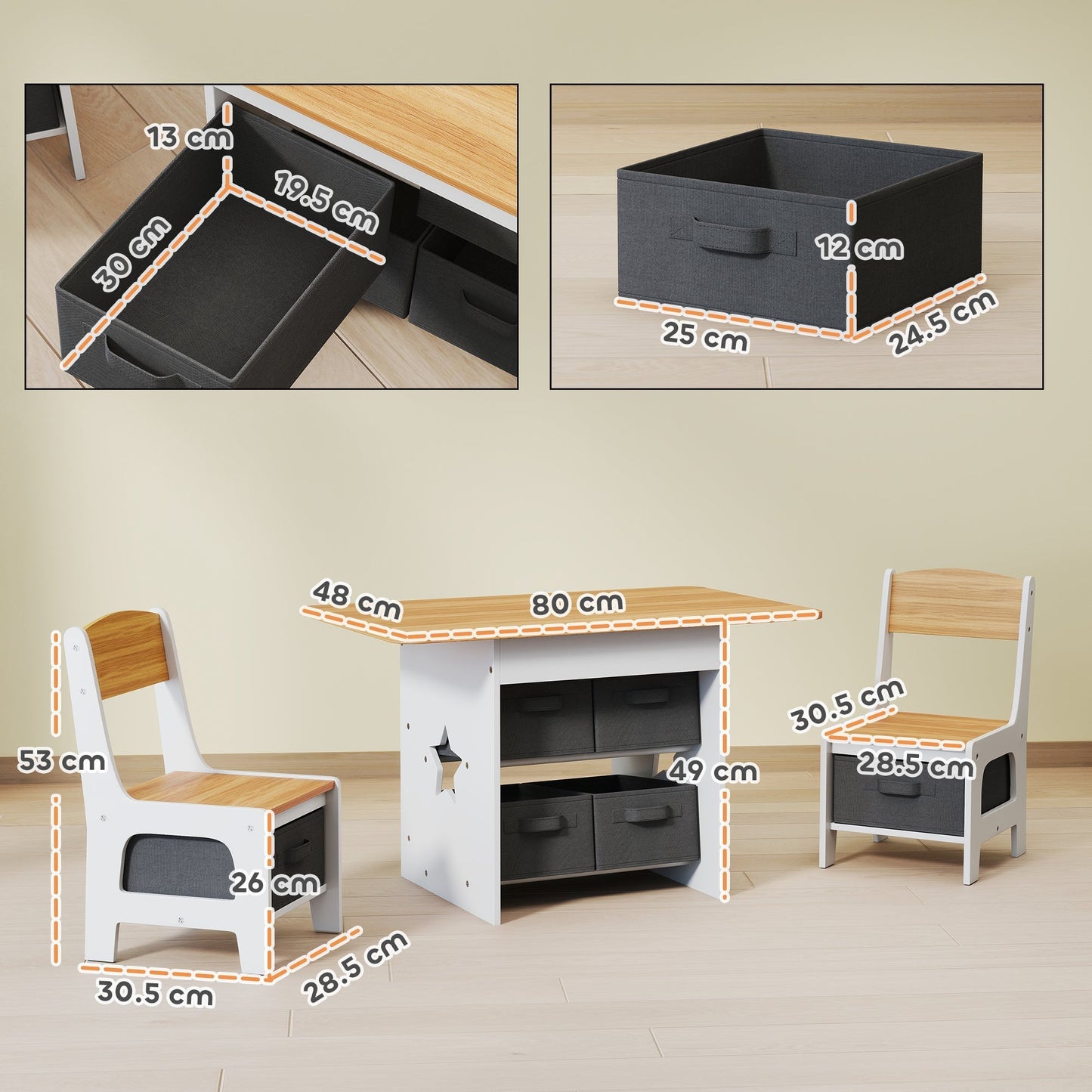AIYAPLAY Kids Table and Chair Set, Toddler Table and 2 Chairs Set with 6 Removable Drawers, for Boys Girls Ages 3-8, Natural